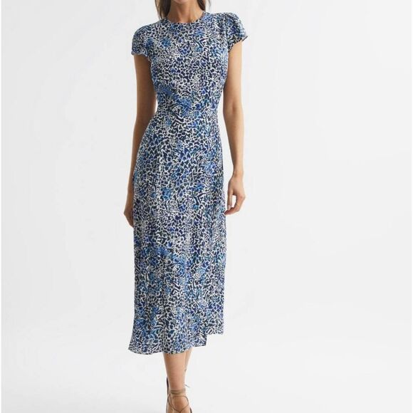 Reiss Livia Cutout Midi Dress Sz 2 Blue Abstract Leg Slit Silky Party Date Night - Picture 12 of 12